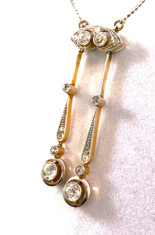 Vintage, Jugendstil, Negligé-Collier um 1920, mit Altschliff-Diamanten zusammen ca. 0,48 Karat, 585 bicolor Gold, Länge 40 cm, Panzerkette, Mittelteil von hinten Gelbgold, Frontansicht Weißgold – erhältlich im Danilo-Gold Online Shop - dem Online Store von Juwelier & Goldschmiede Danilo 