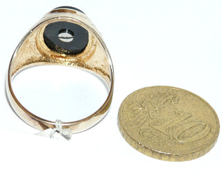 Einzelstück, Vintage Onyxring "Adler" klassischer Herrenring, Siegelring aus 585 Gold, poliert, ovale Onyx-Platte mit einer Applikation eines Adlers, Seitenflächen in einem borkenartigen Muster, um 1960, Ringweite 58,5 -	Vintage-Schmuck nur im Onlineshop von danilogold!