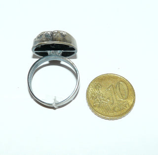 Einzelstück, Vintage-Ring aus 800 Silber mit je einer Zuchtperle + Amethyst-Kugel, offener Kreis, matt + in den Tiefen geschwärzt, im skandinavischen Design, um 1960, Ringweite 57 -	Vintage-Schmuck nur im Onlineshop von danilogold!