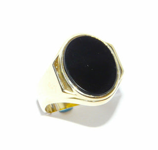 Einzelstück, Vintage-Ring, klassischer Herrenring, Siegelring aus 585 Gelbgold, poliert, innen geschlossen, um 1980, ovale flache Onyx-Platte, Ringweite 67,5 -	Vintage-Schmuck nur im Onlineshop von danilogold!