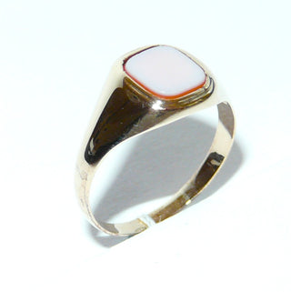 Handgefertigtes Einzelstück, Vintage-Ring, schmaler klassischer Herrenring, Siegelring aus 585 Gold mit einem Lagenachat, weißer Achat auf rotem Carneol als abgerundetes Quadrat, um 1940, für Steingravur geeignet, Ringweite 56,5 -	Vintage-Schmuck nur im Onlineshop von danilogold!