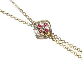 Einzelstück, Vintage-Schieber-Collier aus Gold-Doublé in leichtem Rosé, mit für die Zeit typischen 4 roten Synthesen + 1 echten Perle, Schlaufenlänge an der Ankerkette verstellbar durch den Schieber, Gesamtlänge 86 cm, um 1900 -	Vintage-Schmuck nur im Onlineshop von danilogold!