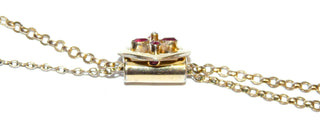 Einzelstück, Vintage-Schieber-Collier aus Gold-Doublé in leichtem Rosé, mit für die Zeit typischen 4 roten Synthesen + 1 echten Perle, Schlaufenlänge an der Ankerkette verstellbar durch den Schieber, Gesamtlänge 86 cm, um 1900 -	Vintage-Schmuck nur im Onlineshop von danilogold!