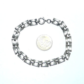 Vintage-Einzelstück, Glieder-Armband mit Stiftbewegungen, wirkt fast wie ein Armreif, aus massiv 835 Silber, seidenmatt, in den Tiefen geschwärzt, 19,5 cm lang, Federrring, um 1950 - Goldschmiede Danilo