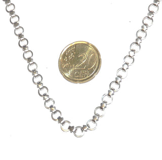 Vintage-Einzelstück, handgefertigte Halskette, halsnah + mit Verlängerung Gesamtlänge 43,5 cm, feine, flache Kreise aus 925 Silber mit Kreuz-Verbindungen, um 1960. Als Solo-Kette oder mit größerem Anhänger sehr schön - Vintage-Schmuck nur im Onlineshop von danilogold! 