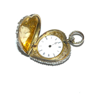 antikes Einzelstück, Vintage-Taschenuhr-Anhänger, aus viktorianischer Zeit, rundliche Herz-Form, poliert, 750 Gold + Sterlingsilber, ca. 1,5 Karat Diamant-Rosen, 37 mm x 24 mm mit Bügel, um 1880.&nbsp;Wird explizit als Schmuckstück verkauft, nicht als Uhr! Werk ist defekt! 2 winzige Diamanten fehlen im Bügel, sind jedoch leicht zu ersetzen! -	Vintage-Schmuck nur im Onlineshop von danilogold!