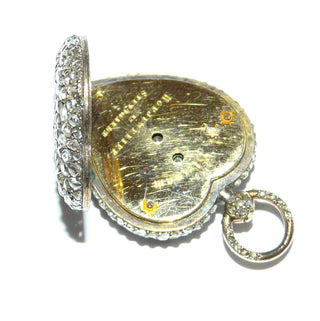 antikes Einzelstück, Vintage-Taschenuhr-Anhänger, aus viktorianischer Zeit, rundliche Herz-Form, poliert, 750 Gold + Sterlingsilber, ca. 1,5 Karat Diamant-Rosen, 37 mm x 24 mm mit Bügel, um 1880.&nbsp;Wird explizit als Schmuckstück verkauft, nicht als Uhr! Werk ist defekt! 2 winzige Diamanten fehlen im Bügel, sind jedoch leicht zu ersetzen! -	Vintage-Schmuck nur im Onlineshop von danilogold!