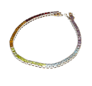 elegantes Einzelstück, multicolor Tennisarmband, Vintage-Armband aus 925 Silber mit 61 quadratischen, funkelnd facettierten Edelsteinen: Amethyst, Citrin, Granat, Blautopas + Olivin, Länge 20,5 cm, verdeckt eingearbeitetes, sicheres Kastenschloß, um 1990 - Vintage-Schmuck nur im Onlineshop von danilogold!