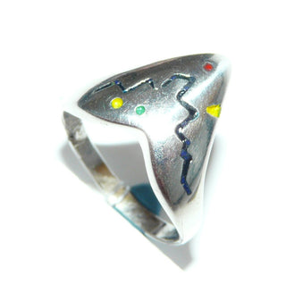 Vintage-Einzelstück, Silberring in V-Form mit rotem, gelben, dunkelblauen & grünen Lack aus 925 Silber, Ringweite 59, um 1980 - Goldschmiede Danilo