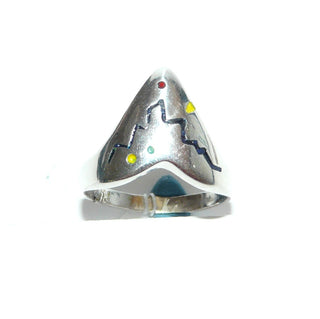 Vintage-Einzelstück, Silberring in V-Form mit rotem, gelben, dunkelblauen & grünen Lack aus 925 Silber, Ringweite 59, um 1980 - Goldschmiede Danilo
