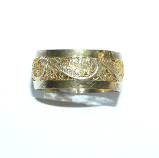 Vintage Einzelstück, filigraner Silberring zart vergoldet/berieben, gleichlaufendes Band mit geschwungenem Blattmuster, wirkt wie feine Spitze in Metall verewigt, Ringweite 55,5, um 1970 - Goldschmiede Danilo