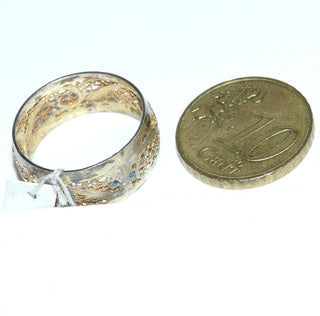 Vintage Einzelstück, filigraner Silberring zart vergoldet/berieben, gleichlaufendes Band mit geschwungenem Blattmuster, wirkt wie feine Spitze in Metall verewigt, Ringweite 55,5, um 1970 - Goldschmiede Danilo