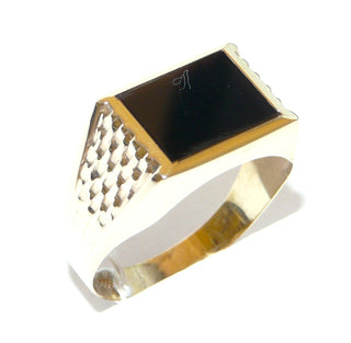 Einzelstück, Vintage, klassischer Herrenring, Siegelring aus 333 Gelbgold, poliert, mit einer rechteckigen Onyx-Platte und einem backsteinartigen Muster auf den Seitenflächen, um 1980, Ringweite 68,5 - Vintage-Schmuck nur im Onlineshop von danilogold!