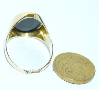 Einzelstück, Vintage, klassischer Herrenring, schlichter Siegelring aus 585 Gelbgold, poliert mit einer leicht ovalen Onyx-Platte, um 1970, Ringweite 66 -	Vintage-Schmuck nur im Onlineshop von danilogold!