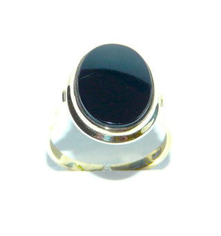 Einzelstück, Vintage Onyx-Ring, klassischer Herrenring, ovaler Siegelring aus 333 Gelbgold, poliert, ovale flache Onyx-Platte mit einem goldenen Rahmen umrandet, Fingerauflage mit Durchbrüchen fein ausgearbeitet, schmale Ringschiene,  um 1950, Ringweite 54 -	Nur erhältlich bei www.danilogold-shop.de