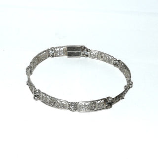 Vintage-Einzelstück, schmales Filigran-Armband, Armreif, Gliederarmband aus 800 Silber, 18,5 cm lang, 8 filigrane, rechteckige Elemente, poliert, um 1930, Kastenschloß - Goldschmiede Danilo