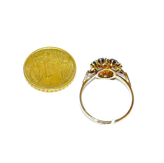 Vintage-Einzelstück, antiker Granatring aus 333 Gold mit 6 kleineren & einem größeren runden, funkelnd facettierten Granaten im Altschliff, runde Rosette aus Krappenfassungen, Ringweite 57, Belle Époque um 1900 - Goldschmiede Danilo