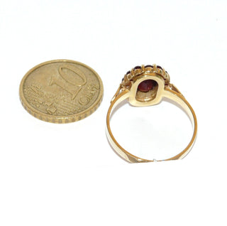 Vintage-Einzelstück, antiker Granatring aus 375 Gold mit einem ovalen & 14 kleinen runden Böhmischen Granaten, alle im Sternschliff, England Manufaktur G.H.Johnstone & Co. Birmingham, ovale Rosette aus Krappen- & einer Zargenfassung mit Millesgriffes-Rand, Ringweite 59,5, Edwardiansche Epoche 1905-25 - Goldschmiede Danilo