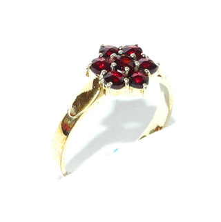 zierliches Einzelstück, antiker Granatring aus 585 Gold, runde Rosette mit 6 Böhmischen Granaten im Sternschliff & einem im Altschliff in Krappenfassungen, Ringweite 51,5, Belle Époque um 1900 - Goldschmiede Danilo