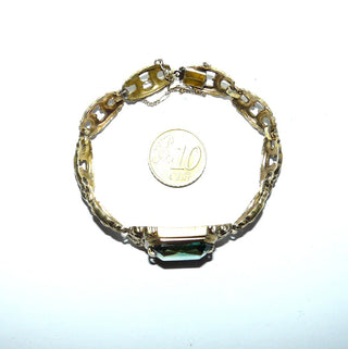 antikes Einzelstück, Biedermeier-Vintage-Armband aus vergoldetem Silber mit einer großen, facettierten, typische flaschengrünen Turmalin-Replik als 8-Eck geschliffen, Länge 18,5 cm, Kastenschloß, Sicherheitskette, um 1880 -	Vintage-Schmuck nur im Onlineshop von danilogold!