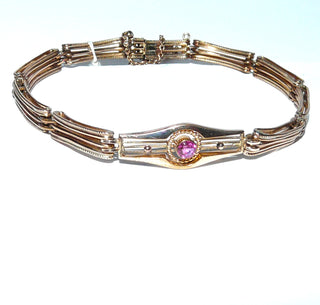 antikes Einzelstück, Biedermeier-Vintage-Armband, roséfarbenes Golddoublé, für die Zeit typische rote Rubin-Replik, Länge 19 cm, Kastenschloß, Sicherheitskette, um 1850 -	Vintage-Schmuck nur im Onlineshop von danilogold!