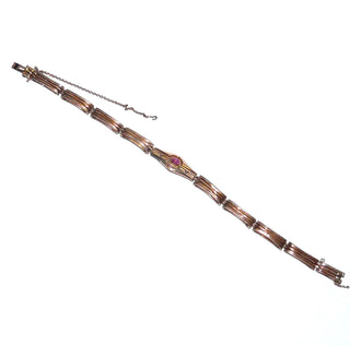 antikes Einzelstück, Biedermeier-Vintage-Armband, roséfarbenes Golddoublé, für die Zeit typische rote Rubin-Replik, Länge 19 cm, Kastenschloß, Sicherheitskette, um 1850 -	Vintage-Schmuck nur im Onlineshop von danilogold!