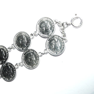 antikes Einzelstück, Vintage-Münzen-Armband, Armreif, Glieder-Armband aus Silber, 19 cm lang, Mariage mit 15 Silbermünzen, 5 Cents 1850-1876, König Wilhelm Niederlande, verlötet und poliert, um 1930, Federring -	Vintage-Schmuck nur im Onlineshop von danilogold!