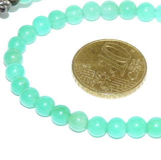 apfelgrünes Einzelstück, Chrysopraskugelkette, Chalcedon-Varietät, Durchmesser der Kugeln 5,3 mm, Verschluß 925 Silber-Karabiner, Länge 43cm, auf Stahlseide - Goldschmiede Danilo