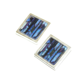 Einzelstücke, blaue Ohrstecker "Blaues Fenster" aus versilberter Bronze mit Edelstahl Stiften, quadratische Fassung mit einem graphischen Design aus Acryl in Blautönen -	Einzelstücke nur erhältlich bei www.danilogold-shop.de