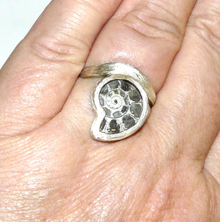 Einzelstück, brauner Ammonit-Silberring aus 925 Silber mit einem kleinen versteinerten kompletten Ammonit mit satinierter, leicht geschwungener Ringschiene, verstellbar bis ca. Ringweite 58 - Goldschmiede-Danilo
