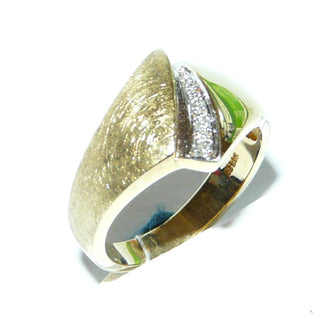 auffälliges Einzelstück, breiter Diamantring, Antragsring, Verlobungsring "Doppelspitze" aus massiv 585 Gold mit 4 Diamanten von zusammen 0,03 Karat im rhodinierten Pavé gefaßt, Ringweite 55,5, eismatt & poliert - Goldschmiede Danilo