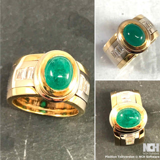 Einzelstück, breiter Unikat Smaragd-Ring, Handarbeit aus 750 Gelbgold + Weißgold mit einem großen ovalen Smaragd-Cabochon in wunderschöner Farbe + 6 Diamant-Baguettes von zusammen 0,69 Karat, Ringweite 54 -	Handgefertigtes Unikat! Nur im Onlineshop von Juwelier & Goldschmiede Danilo!