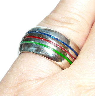 breites gleichlaufendes Einzelstück, Vintage Streifen-Ring im Benetton-Stil, mit je einer roten, blauen + grünen vertieften Lacklinie, massiv 925 Silber, Ringweite 53,5, um 1990 - Goldschmiede-Danilo