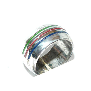 breites gleichlaufendes Einzelstück, Vintage Streifen-Ring im Benetton-Stil, mit je einer roten, blauen + grünen vertieften Lacklinie, massiv 925 Silber, Ringweite 53,5, um 1990 - Goldschmiede-Danilo