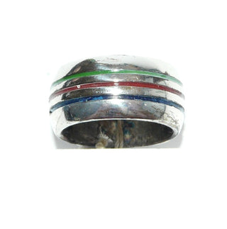 breites gleichlaufendes Einzelstück, Vintage Streifen-Ring im Benetton-Stil, mit je einer roten, blauen + grünen vertieften Lacklinie, massiv 925 Silber, Ringweite 53,5, um 1990 - Goldschmiede-Danilo