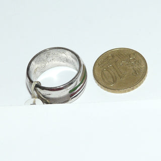 breites gleichlaufendes Einzelstück, Vintage Streifen-Ring im Benetton-Stil, mit je einer roten, blauen + grünen vertieften Lacklinie, massiv 925 Silber, Ringweite 53,5, um 1990 - Goldschmiede-Danilo