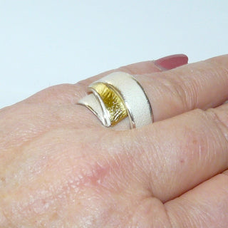 Einzelstück, breiter zweifarbiger Ring aus 925 Silber weißgesiedet + aufgelötetem strukturierten 750 Gelbgold-Dreieck, matt mit anpolierten Kanten, Ringweite 57, ARS / Atelier Reister. Dazu paßt Ohr 0020. -	Einzelstücke nur erhältlich bei www.danilogold-shop.de