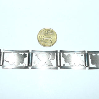 Breiteres Einzelstück, Vintage-Armband, Handarbeit, Glieder-Armband aus massiv 900 Silber, 19 cm lang, 6 ausgesägte Rechtecke mit gravierten Blüten z.B. Enzian, Federringverschluß, um 1950 -	Handgefertigtes Unikat! Nur im Onlineshop von Juwelier & Goldschmiede Danilo!