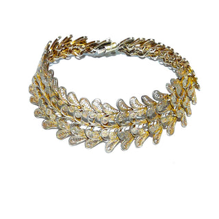nostalgisches Einzelstück, breites romantisches Vintage Filigran-Armband, Glieder-Armband,&nbsp; aus zart vergoldetem, beriebenen 800 Silber, 16,5 cm lang, florale Elemente, 2 Reihen Doppelflügel fischschuppenartig aneinander gereiht, poliert, später Jugendstil um 1930, Kastenschloß  - Vintage-Schmuck nur im Onlineshop von danilogold!