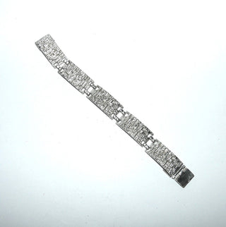 Einzelstück, breites Vintage-Armband, liegt fast wie ein Armreif, Glieder-Armband aus 835 Silber, 17,5 cm lang, mit 5 strukturierten, rechteckigen Elemente, poliert, Röllchenverbindung, um 1960, Kastenschloß -	Vintage-Schmuck nur im Onlineshop von danilogold!