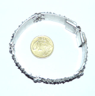 Einzelstück, breites Vintage-Armband, liegt fast wie ein Armreif, Glieder-Armband aus 835 Silber, 17,5 cm lang, mit 5 strukturierten, rechteckigen Elemente, poliert, Röllchenverbindung, um 1960, Kastenschloß -	Vintage-Schmuck nur im Onlineshop von danilogold!