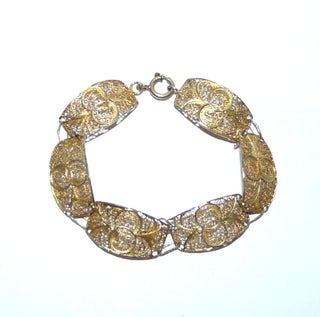 Einzelstück, breites Vintage-Filigran-Armband, Glieder-Armband aus 835 Silber vergoldet, 19 cm lang, 6 florale Elemente mit Doppel-Ösenverbindung, poliert, um 1940, Federring -	Nur erhältlich im Onlineshop von Juwelier & Goldschmiede Danilo!