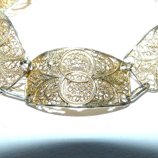Einzelstück, breites Vintage-Filigran-Armband, Glieder-Armband aus 835 Silber vergoldet, 19 cm lang, 6 florale Elemente mit Doppel-Ösenverbindung, poliert, um 1940, Federring -	Nur erhältlich im Onlineshop von Juwelier & Goldschmiede Danilo!