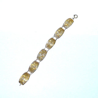 Einzelstück, breites Vintage-Filigran-Armband, Glieder-Armband aus 835 Silber vergoldet, 19 cm lang, 6 florale Elemente mit Doppel-Ösenverbindung, poliert, um 1940, Federring -	Nur erhältlich im Onlineshop von Juwelier & Goldschmiede Danilo!