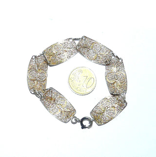 Einzelstück, breites Vintage-Filigran-Armband, Glieder-Armband aus 835 Silber vergoldet, 19 cm lang, 6 florale Elemente mit Doppel-Ösenverbindung, poliert, um 1940, Federring -	Nur erhältlich im Onlineshop von Juwelier & Goldschmiede Danilo!