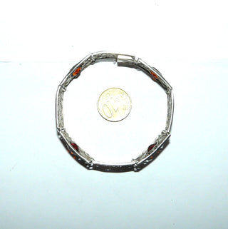 antikes Einzelstück, breites Vintage-Filigran-Armband, Glieder-Armband aus 835 Silber mit 4 ovalen, bernsteinfarbenen, facettierten Repliken an klaren Bernstein oder Padparadscha-Saphire erinnernd, Gesamtlänge 19 cm lang, wirkt am Arm eher wie ein Armreif, 8 filigrane, rechteckige Blumen-Elemente, poliert, um 1940, sicheres Kastenschloß - Vintage-Schmuck nur im Onlineshop von danilogold!