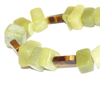gelbgrünes Einzelstück, Edelsteinkette, zitronen/limonen-gelbgrüne Lemonjade, eckige Nuggetkette mit Tigeraugen-Stäbchen, ca. 4mm x13mm, Länge 43cm, Karabiner Metall, auf Stahlseide aufgefädelt - Goldschmiede Danilo