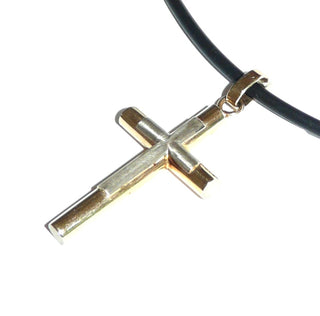 Schlicht gearbeitetes Einzelstück, großer Kreuz-Anhänger aus 585 Gelbgold mit weißgoldener Mitte, gleichlaufende, runde Streben mit geraden Enden, seidenmatt + poliert, große Schlaufe, auch sehr gut für Herren geeignet -	Unikate und Pretiosen nur erhältlich im Onlineshop der Goldschmiede Danilo!