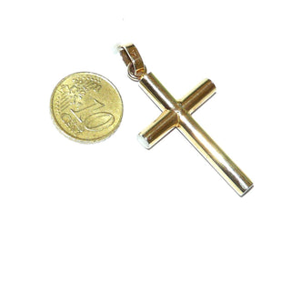 Schlicht gearbeitetes Einzelstück, großer Kreuz-Anhänger aus 585 Gelbgold mit weißgoldener Mitte, gleichlaufende, runde Streben mit geraden Enden, seidenmatt + poliert, große Schlaufe, auch sehr gut für Herren geeignet -	Unikate und Pretiosen nur erhältlich im Onlineshop der Goldschmiede Danilo!