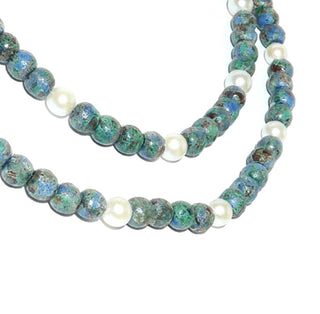 grün-blaues Einzelstück, Edelsteinkette, Chrysokolltürkiskette aus matten Kugeln & glänzenden Akoyazuchtperlen von 4mm Durchmessern, Verschluß Silber Federring, Länge 47cm, auf Seide aufgefädelt - Goldschmiede Danilo